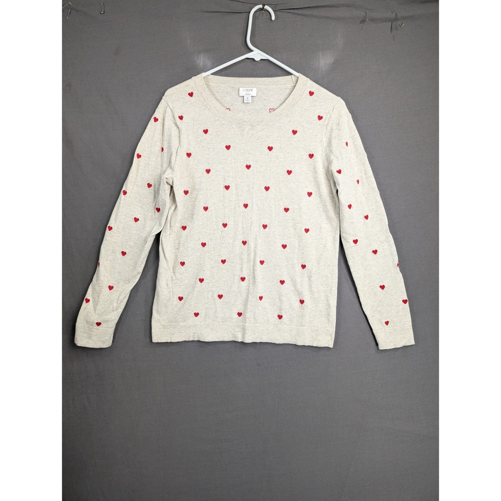 J.Crew Teddie Sweater Womens Medium Heather Oatmeal Red Embroidered Heart Cotton